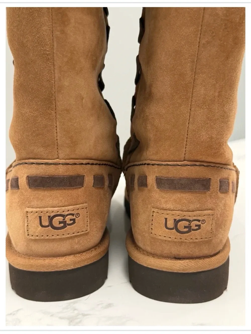 UGG Women's Tan Suede Mid-Calf Boots with Dark Brown Fur Cuff